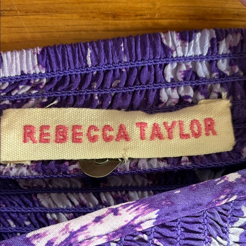 Rebecca Taylor Silk Midi Sun Dress Size 0 Smocked Purple Tie Dye Wedding Guest - Picture 8 of 12